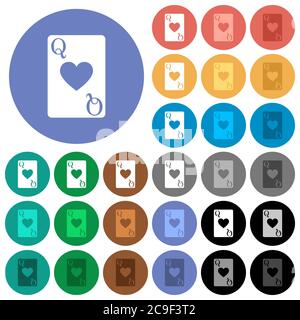 Queen of Hearts icone piatte multicolore su sfondi rotondi. Incluse variazioni delle icone bianche, chiare e scure per gli effetti di stato attivo e del passaggio del mouse, e. Illustrazione Vettoriale