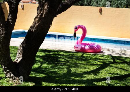 Fenicottero rosa gonfiabile vicino ad una piscina in un giorno di sole Foto Stock