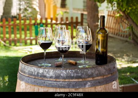 Bicchieri di vino rosso e una bottiglia su un barile dentro il giardino Foto Stock