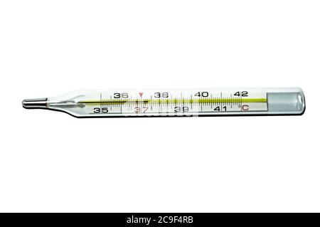 termometro a mercurio con temperatura superiore a 37 gradi isolato con fondo bianco Foto Stock