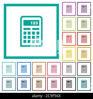 Icone a colori piatte della calcolatrice con cornici quadranti su sfondo bianco Illustrazione Vettoriale