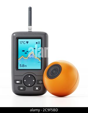 Fishfinder digitale e sonda subacquea arancione isolata su sfondo bianco. Illustrazione 3D. Foto Stock