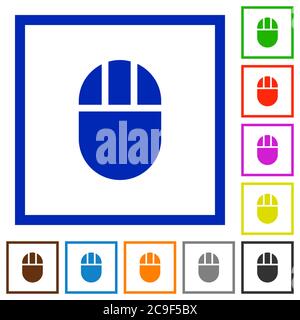 Tre icone a colori piatte del mouse per computer con bottoni in cornici quadrate su sfondo bianco Illustrazione Vettoriale