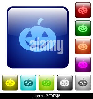 Icone di zucca di Halloween in un set di pulsanti arrotondati di colore quadrato lucido Illustrazione Vettoriale