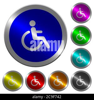 Icone di disabilità su pulsanti rotondi in acciaio color moneta Illustrazione Vettoriale