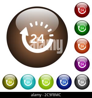 24 ore di consegna icone bianche su pulsanti rotondi in vetro colorato Illustrazione Vettoriale