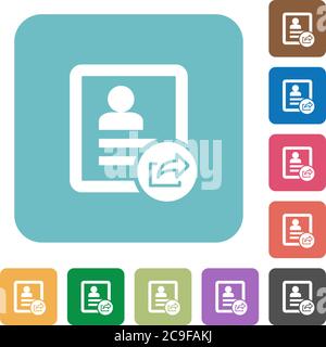 Esporta le icone piatte bianche dei contatti su sfondi quadrati arrotondati a colori Illustrazione Vettoriale