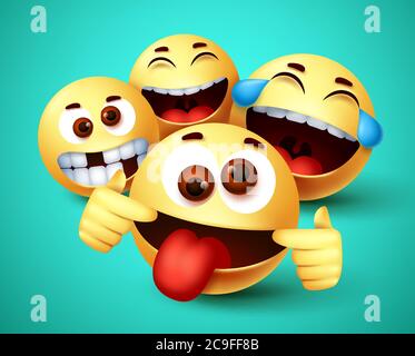 Emoji sorriey divertenti amici che prendono selfie vettori caratteri. Emoticon smiley di amicizia emoticon in felice sorridente, sciocco, divertente e pazzo viso Illustrazione Vettoriale