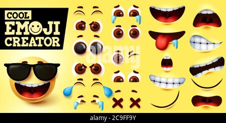 Cool emoji smiley creatore insieme vettoriale. Emojis smiley maker in fresco felice faccia con occhiali da sole e l'espressione facciale modificabile per il design emoticon Illustrazione Vettoriale