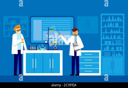 Illustrazione degli scienziati due uomini che lavorano al laboratorio di scienza. Illustrazione piatta dei test di laboratorio per esperimenti chimici. Scienziati in camici bianchi che analizzano il sistema Foto Stock