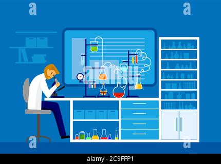 scienziato laborant che lavora al laboratorio di scienza. Esperimento chimico laboratorio prove di illustrazione piatta scienziati in camici da laboratorio bianchi analisi del liquido in provette l Foto Stock