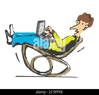 Uomo con computer portatile seduto in sedia a dondolo. Illustrazione espressiva di un uomo sorridente che lavora con un computer portatile a casa.Concept per l'ufficio domestico. Vettore disponibile Illustrazione Vettoriale
