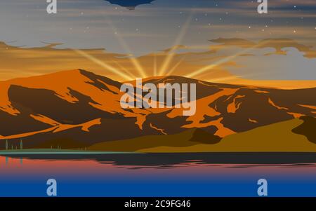 paesaggio di laguna con lo sfondo di montagna al mattino Illustrazione Vettoriale
