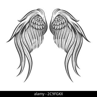 Due ali disegnate a mano in stile tatuaggio isolato su bianco. Illustrazione vettoriale. Illustrazione Vettoriale