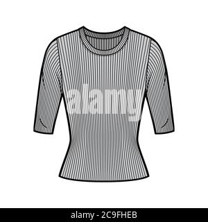 Maglia a coste con collo a maglia illustrazione tecnica di moda con maniche a costolette corte, lunghezza tunica. Modello di abbigliamento da outwear piatto, colore grigio. Donna, uomo, maglia unisex top mockup CAD Illustrazione Vettoriale