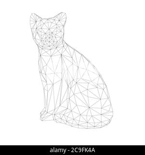 Struttura a reticolo di un gatto seduto da linee nere su sfondo bianco. 3D. Illustrazione vettoriale. Illustrazione Vettoriale