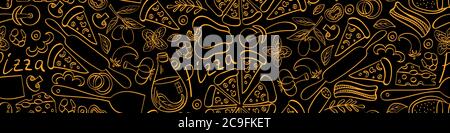 Pizza con ingredienti e forniture disegnate a mano striscione senza giunture. Cibo doodles su sfondo nero. Illustrazione vettoriale. Illustrazione Vettoriale