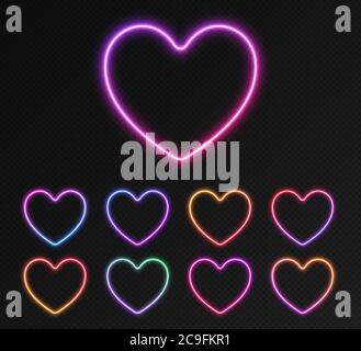 Set di cornici gradienti al neon, collezione di cuori colorati e luminosi. Striscioni notturni vivaci, bordi luminosi Illustrazione Vettoriale