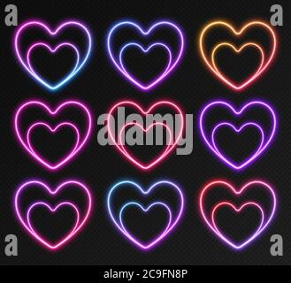 Set di cornici gradienti al neon, collezione di cuori colorati e luminosi. Striscioni notturni vivaci, bordi luminosi Illustrazione Vettoriale
