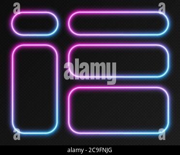 Insieme di cornici sfumate al neon, insieme di bordi rettangolari arrotondati rosa-blu. Striscioni colorati illuminati. Illustrazione Vettoriale