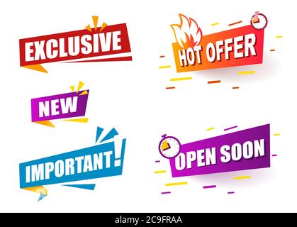 Imposta colore nastro banner esclusivo e nuovo. Annuncio della bolla del discorso. Promozione icona offerta. Pubblicità segno. Banner vettoriale in stile moderno e piatto su bianco. Illustrazione Vettoriale