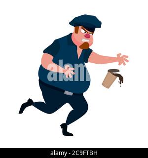 Un poliziotto grasso corre e lascia cadere il caffè Illustrazione Vettoriale