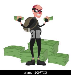 Ladro in una maschera sullo sfondo di un mucchio di soldi Illustrazione Vettoriale
