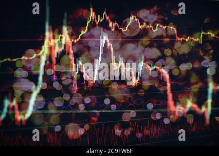 Dati finanziari su un monitor che includono analisi di mercato. Grafici a barre, diagrammi, dati finanziari. Foto Stock