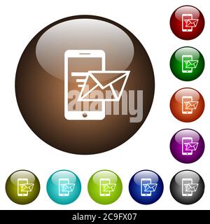 Invio di e-mail dal telefono cellulare icone bianche su pulsanti rotondi in vetro di colore Illustrazione Vettoriale