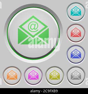 Aprire la posta con icone a colori con il simbolo e-mail sui pulsanti affondati Illustrazione Vettoriale