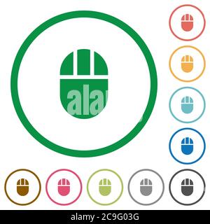 Tre icone a colori piatte del mouse per computer con pulsanti in contorni rotondi su sfondo bianco Illustrazione Vettoriale