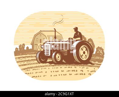 Schizzo del trattore agricolo. Industria agricola, concetto di agricoltura Illustrazione Vettoriale