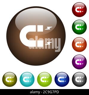 Icone bianche del magnete a ferro di cavallo sui pulsanti rotondi in vetro Illustrazione Vettoriale