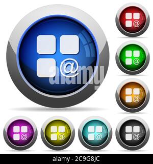 Invio di componenti e-mail icone in pulsanti rotondi lucidi con cornici in acciaio Illustrazione Vettoriale
