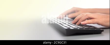 Lavorare a casa donna scrivere un blog. Le mani femminili sulla tastiera Copia il testo. Foto Stock