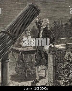 WILLIAM HERSCHEL (1738-1822) l'astronomo tedesco è aiutato dalla sorella Caroline alla loro casa di Datchet circa 1 783 Foto Stock