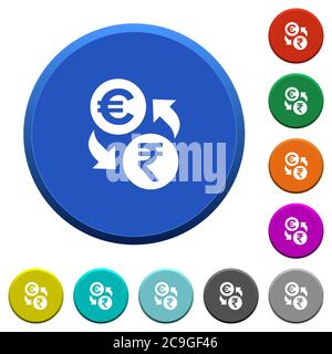 Bottoni smussati rotondi Euro Rupee Money Exchange con superfici lisce e icone bianche piatte Illustrazione Vettoriale