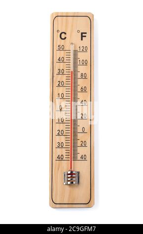 Termometro in legno isolato su bianco con percorso di ritaglio Foto Stock