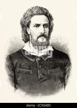 Ritratto di Alexandre Alberto da Rocha de Serpa Pinto (1846-1900) Visconte di Serpa Pinto. L'uomo militare portoghese, politico, amministratore coloniale ed esploratore, si ricordò come un eroe per la sua spedizione in Africa. Portogallo. Antico XIX secolo inciso illustrazione da la Ilustracion Española y americana 1890 Foto Stock