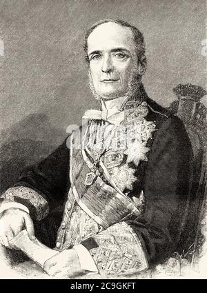 Ritratto di Fernando Calderon Collantes (Reinosa 1811 - Madrid 1890) avvocato e politico spagnolo, ministro della Grazia e della Giustizia durante il regno di Elisabetta II e il regno di Alfonso XII Primo marchese di Reinosa, Spagna. Antico XIX secolo inciso illustrazione da la Ilustracion Española y americana 1890 Foto Stock