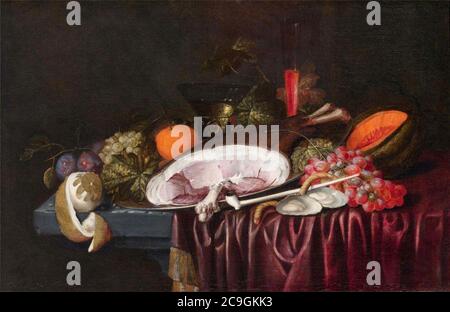 Jan Pauwel Gillemans (i) - ancora la vita con un prosciutto, ostriche e frutta su un tavolo. Foto Stock