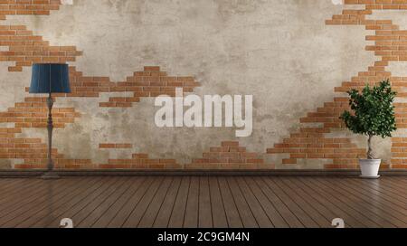 Camera vecchia vuota con brickwall, lampada da pavimento e houseplant - rendering 3d Foto Stock
