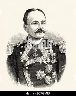 Ritratto di Ramón Auñón y Villalón (Morón 1844 - Madrid 1925) militare e politico spagnolo, ministro della Marina durante la guerra spagnolo-americana a Cuba e governatore civile di Barcellona. Vice durante la reggenza di María Cristina de Asburgo e il regno di Alfonso XIII, Spagna. Antico XIX secolo inciso illustrazione da la Ilustracion Española y americana 1890 Foto Stock