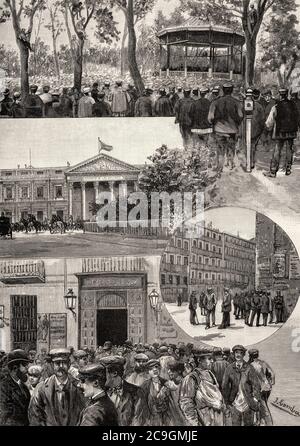 Prima celebrazione del giorno di maggio. 1 maggio alla fine del 19 ° secolo Spagna, lavoratori dimostrazione Madrid 1890, Spagna. Antico XIX secolo inciso illustrazione da la Ilustracion Española y americana 1890 Foto Stock