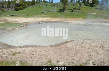 Primavera tarda nel Parco Nazionale di Yellowstone: La piscina fangosa di Caldron nella zona del Vulcano di fango lungo la Grand Loop Road Foto Stock