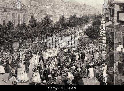 Tradizionale processione del Corpus Christi in via Alcala 1890, Madrid. Spagna. Antico XIX secolo inciso illustrazione da la Ilustracion Española y americana 1890 Foto Stock