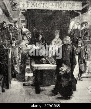 Espulsione degli ebrei dalla Spagna nel 1492 dipinto di Emilio Sala Francés (1850 - 1910) pittore spagnolo, Spagna. Antico XIX secolo inciso illustrazione da la Ilustracion Española y americana 1890 Foto Stock