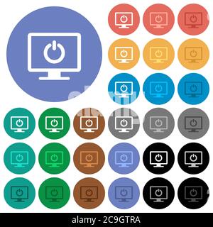 Visualizza icone piatte multicolore in modalità standby su sfondi rotondi. Sono incluse variazioni delle icone bianche, chiare e scure per gli effetti di stato attivo e del passaggio del mouse Illustrazione Vettoriale