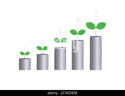 Monete d'argento disposte in un grafico con ci sono alberi in cima. Illustrazione Vettoriale