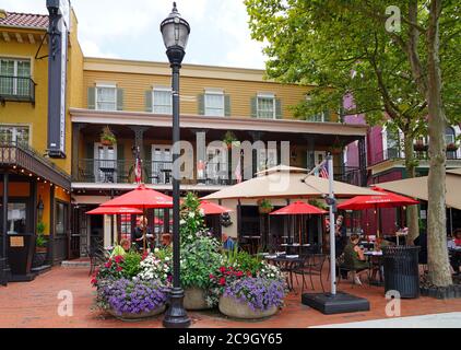 FREEHOLD, NJ -16 LUG 2020- Vista degli edifici nello storico quartiere Freehold, casa della battaglia di Monmouth durante la Guerra d'Indipendenza a Freeho Foto Stock